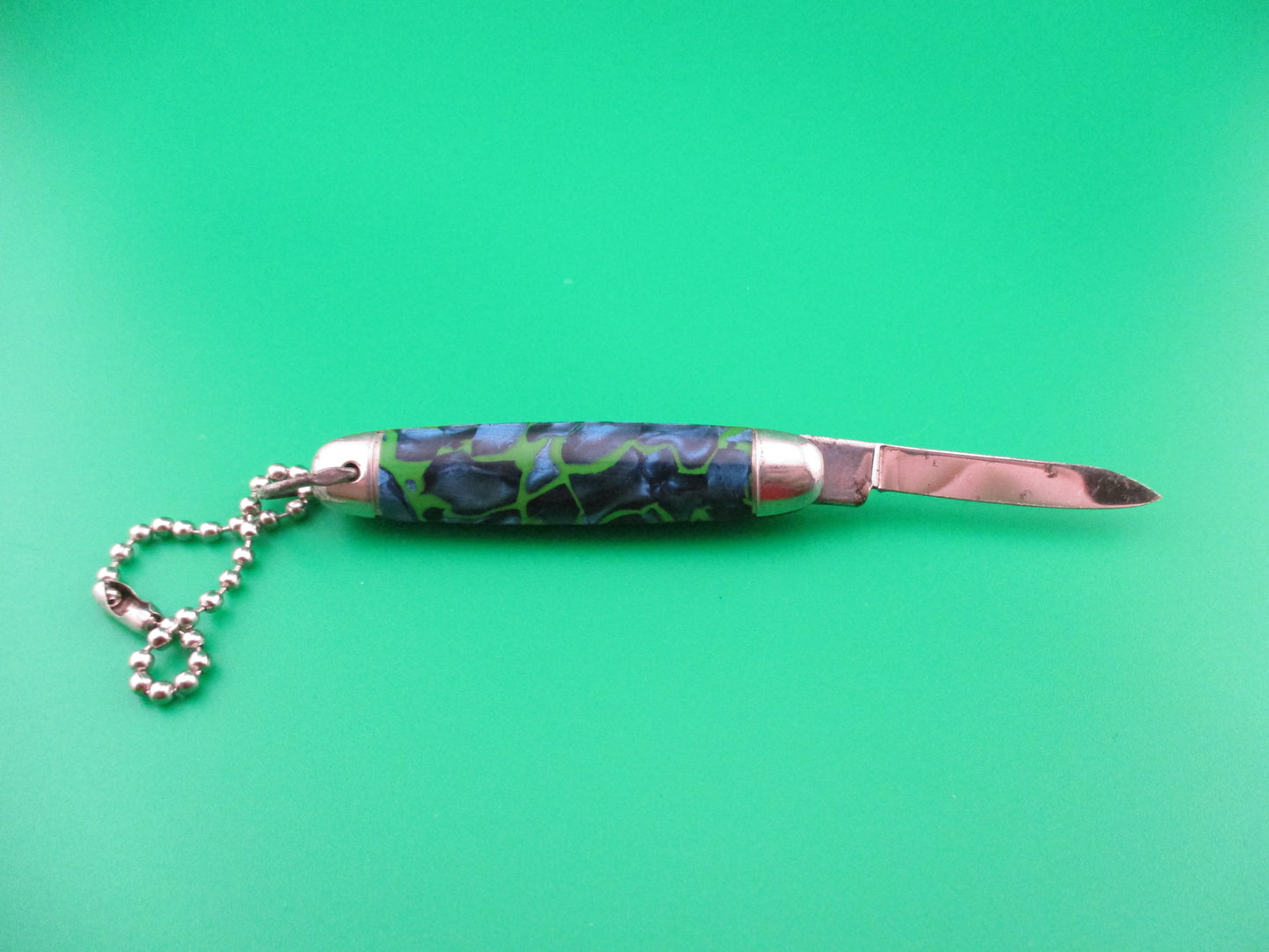 Imperial Keychain Blue Pearl Green swirl switchblade knife