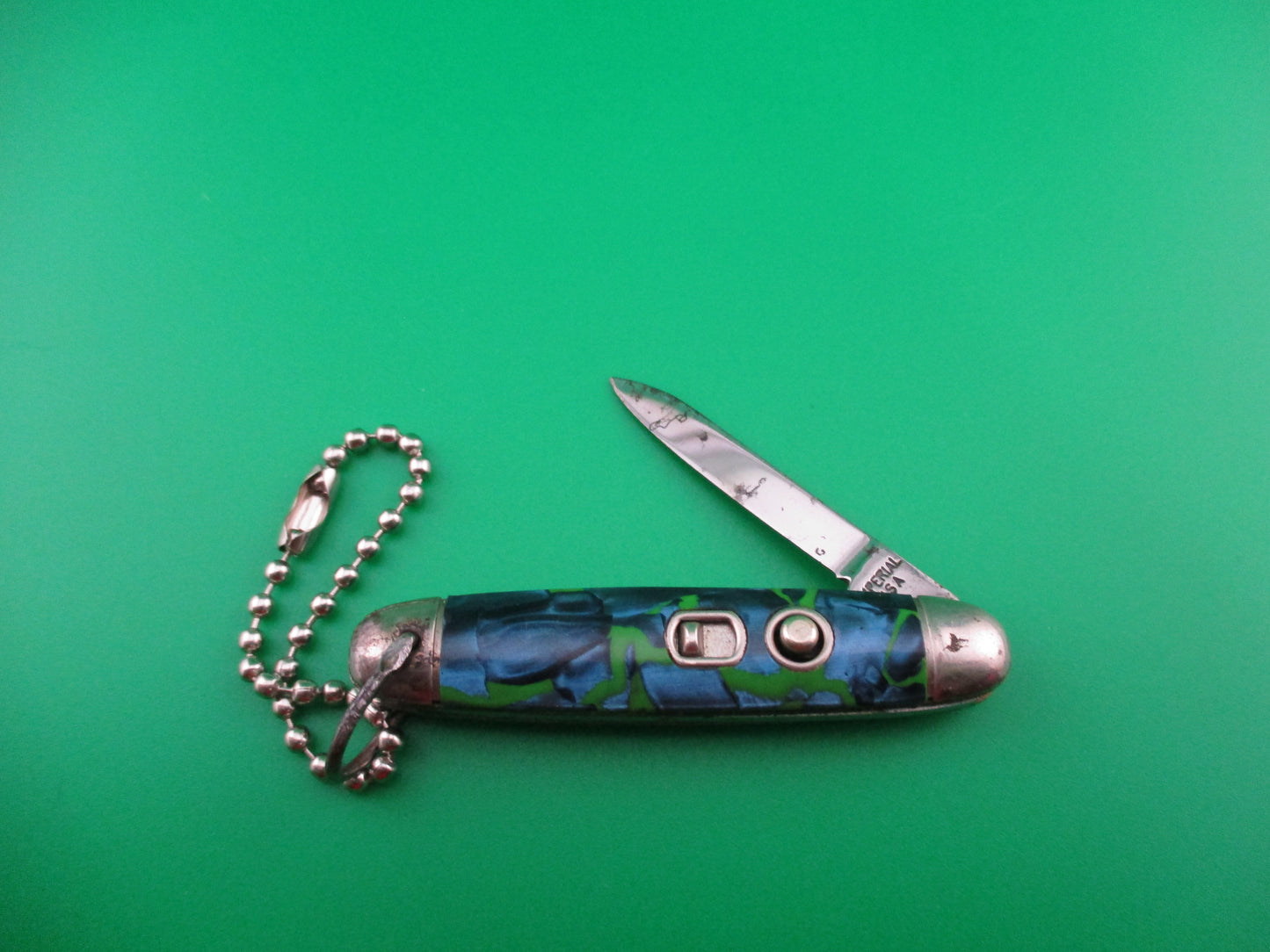 Imperial Keychain Blue Pearl Green swirl switchblade knife