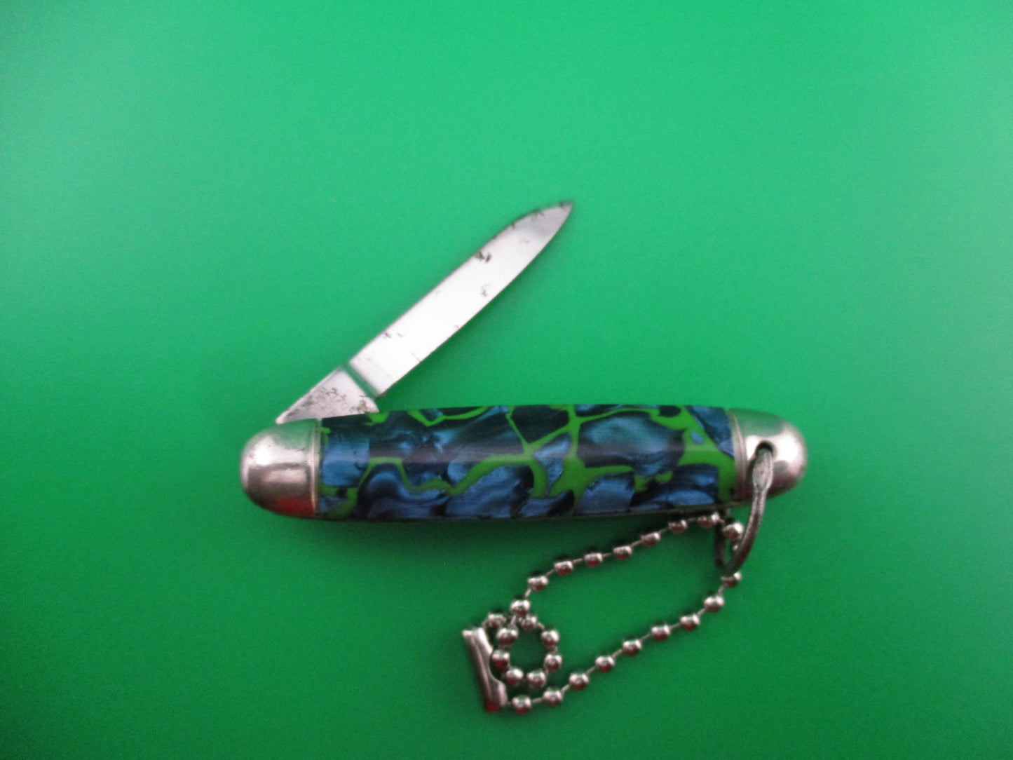 Imperial Keychain Blue Pearl Green swirl switchblade knife