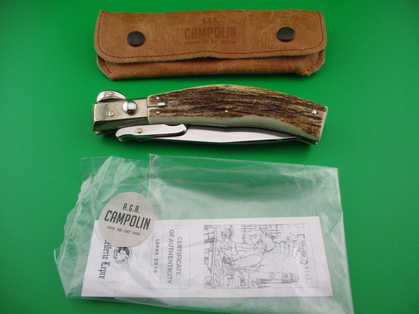 Lepre Managio Italian 25cm Picklock Stag Swing guard automatic knife