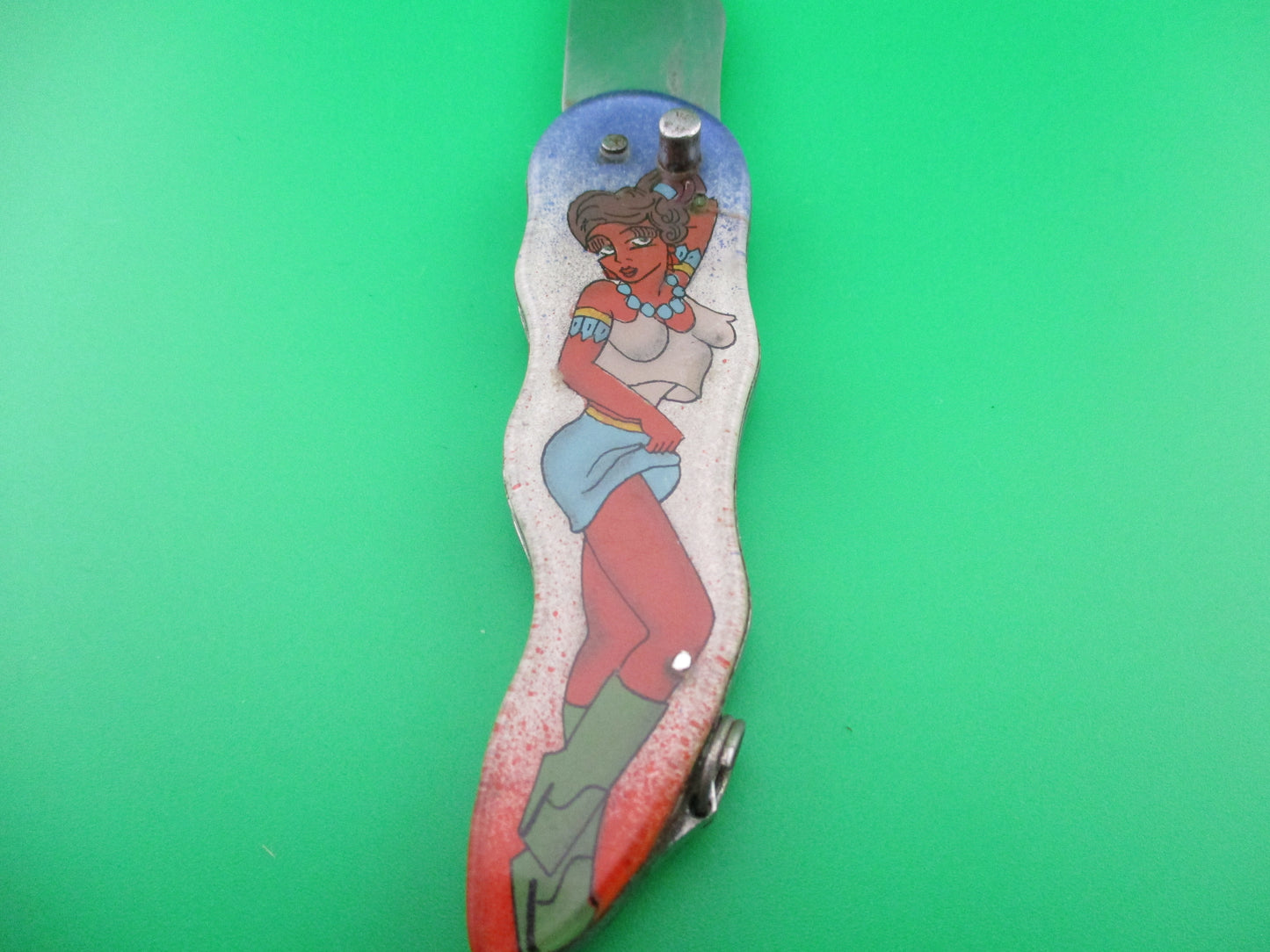 Russian Prison knife Attractive Woman Pinup switchblade light blue skirt keychain