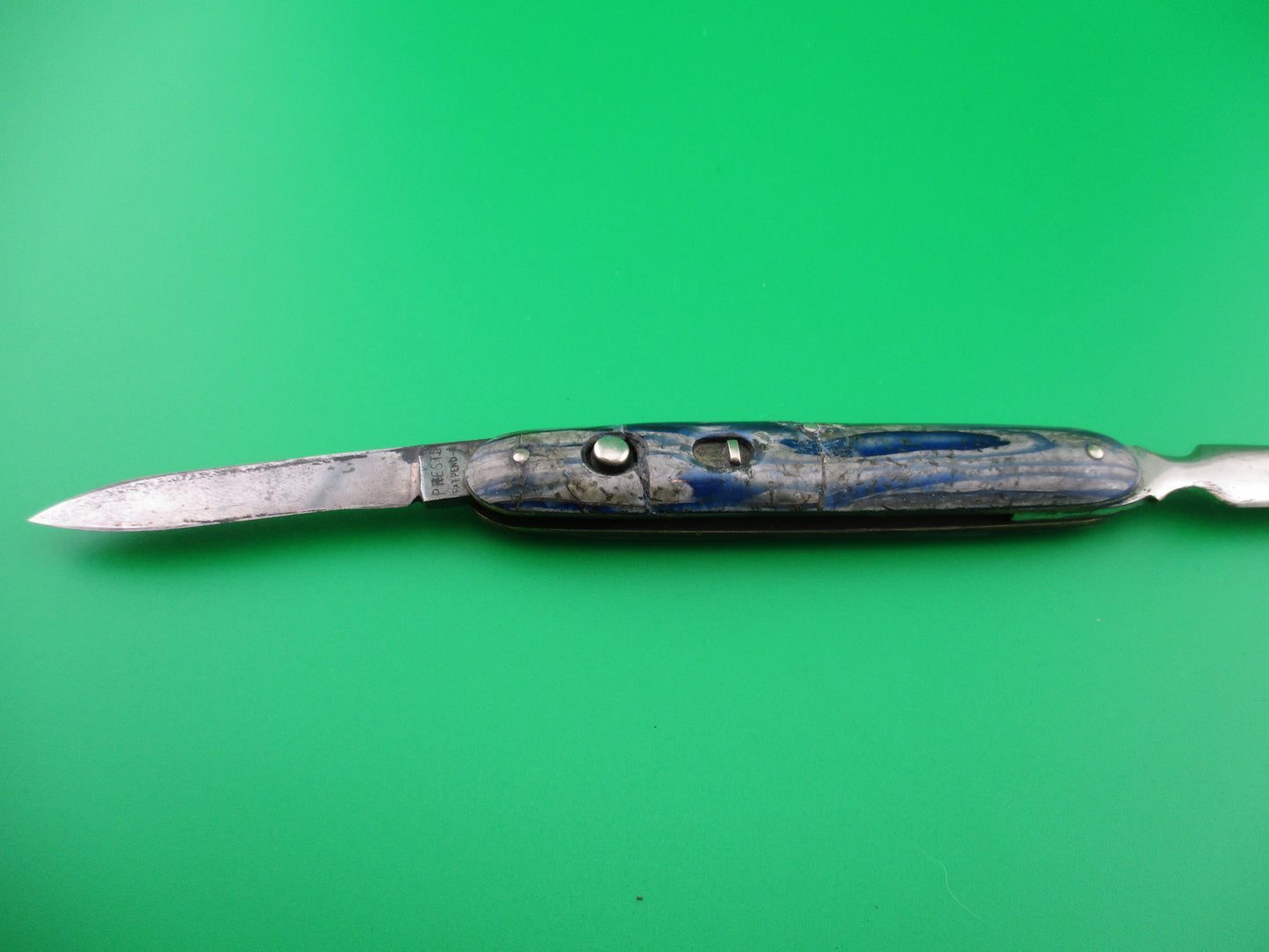 Presto Letter Opener Blue Silver Vintage office tool switchblade