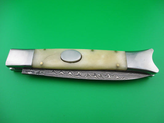 Custom Oval Button 29cm Damascus & Bone switchblade knife
