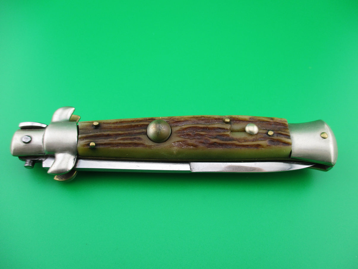 M Italy INOX 23cm Italian Stag Transitional stiletto switchblade knife ...