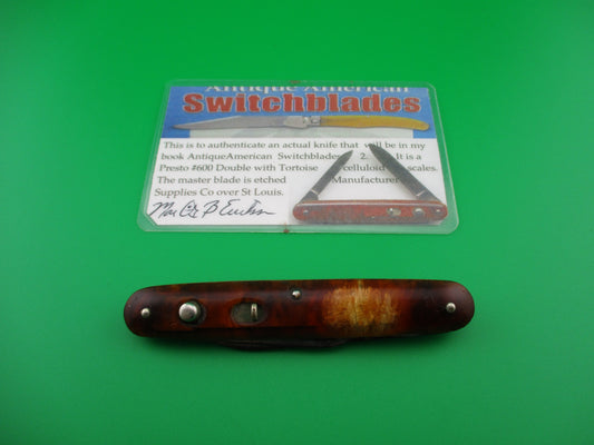 PRESTO double Tortoise celluloid Etched switchblade Book Knife