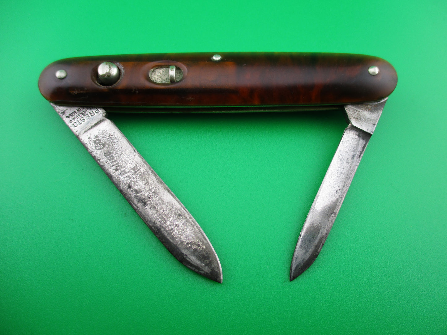 PRESTO double Tortoise celluloid Etched switchblade Book Knife