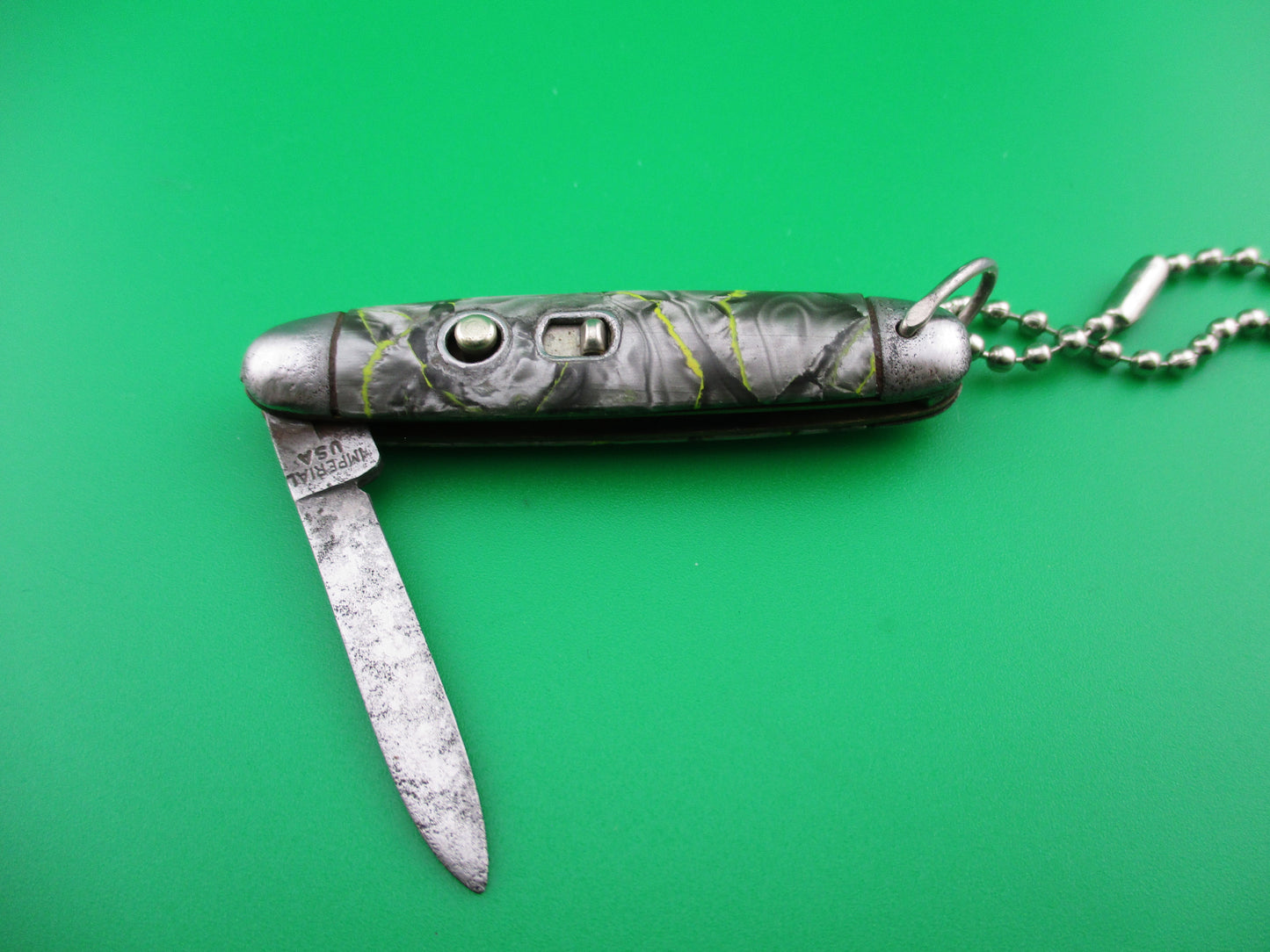 Imperial Jackomatic Jr Keychain switchblade Gray Pearl Yellow swirl cell