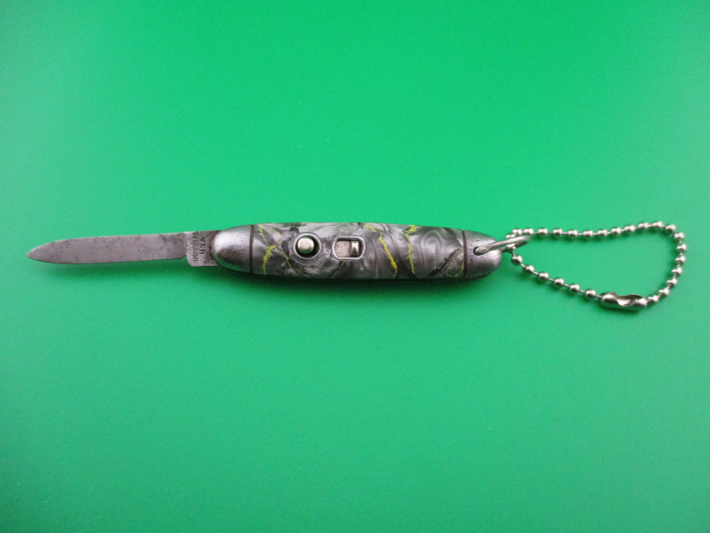 Imperial Jackomatic Jr Keychain switchblade Gray Pearl Yellow swirl cell