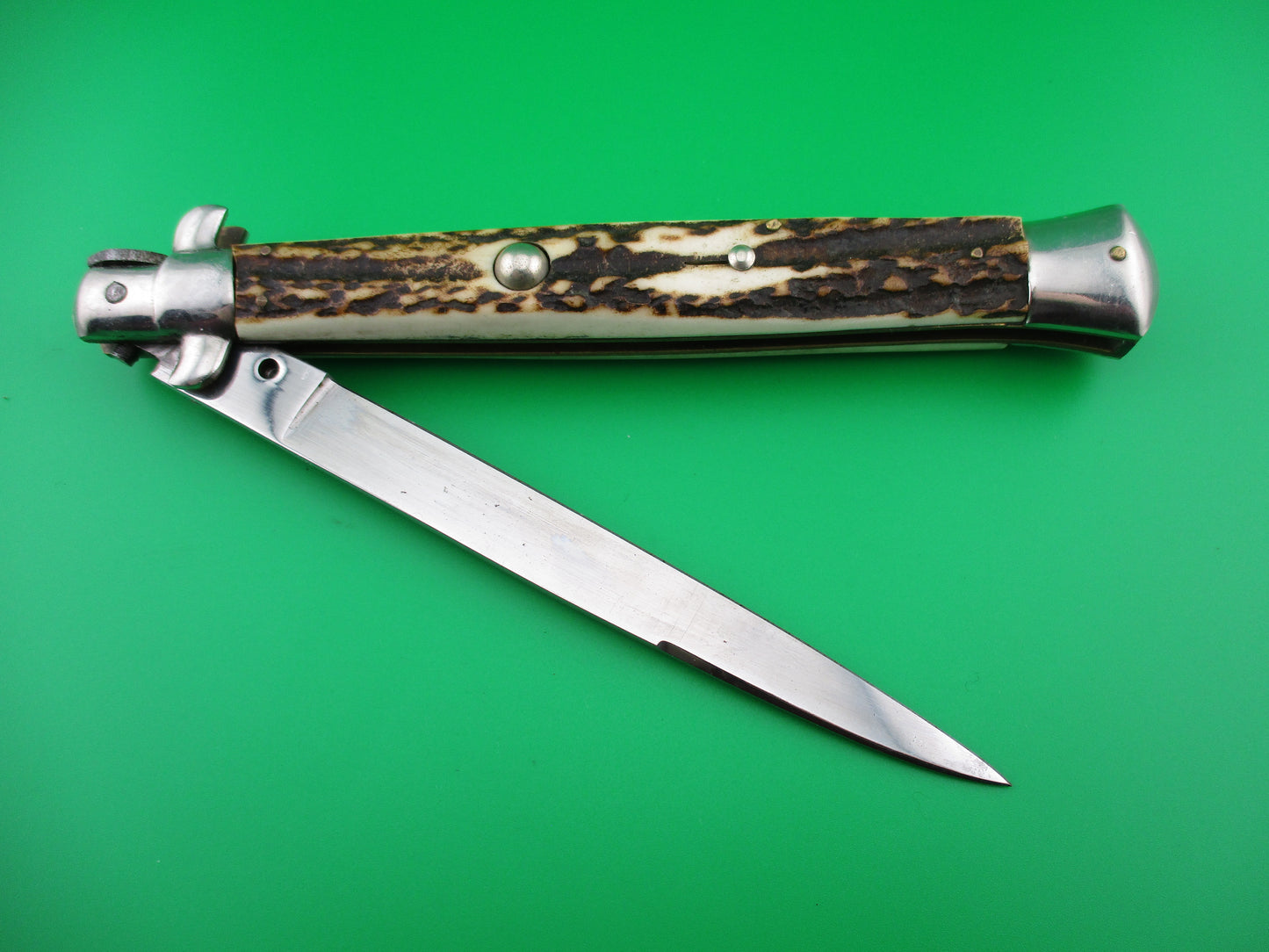 Rostfrei 8 Italian 33cm Stag Transitional Stiletto Switchblade knife 5mm backspring