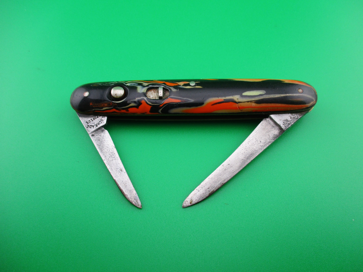 z PRESTO Double Halloween Orange Black & Cream celluloid switchblade