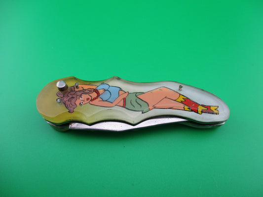 Russian Prison knife Pinup Sexy woman green skirt blue top switchblade keychain