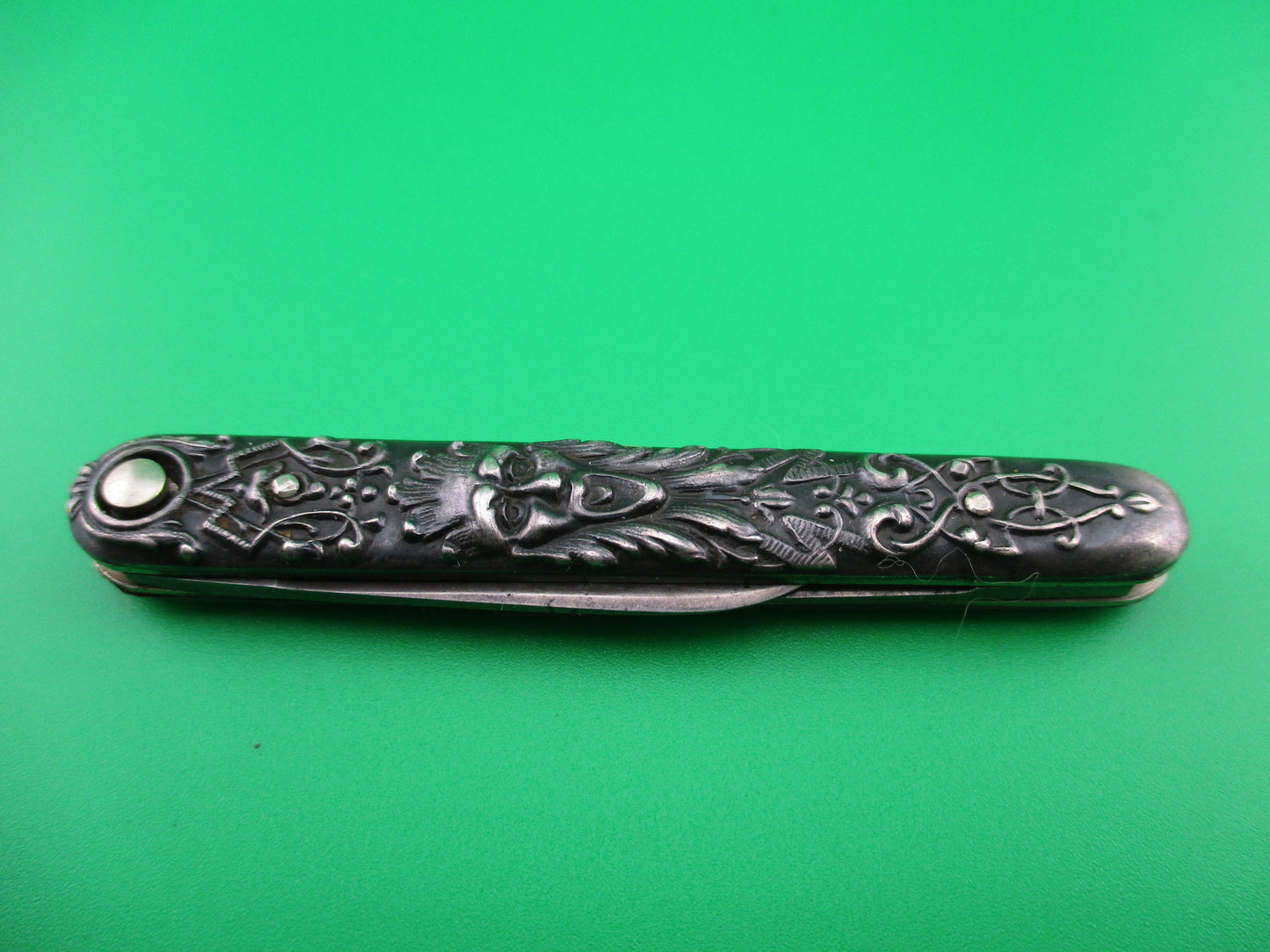 PRESS BUTTON KNIFE CO small double Sterling Gothic antique switchblade knife