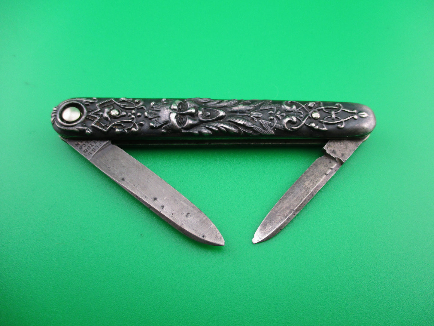 PRESS BUTTON KNIFE CO small double Sterling Gothic antique switchblade knife