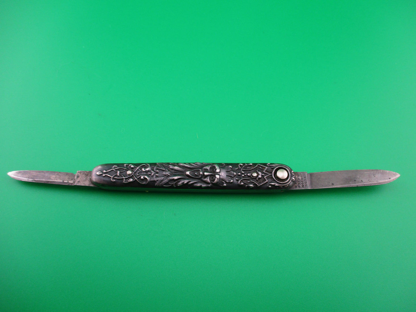 PRESS BUTTON KNIFE CO small double Sterling Gothic antique switchblade knife