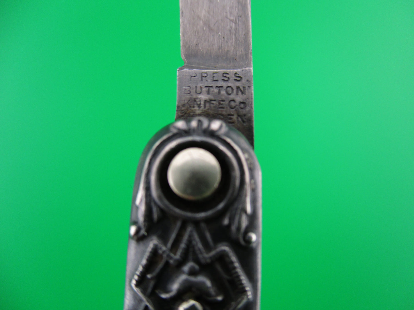 PRESS BUTTON KNIFE CO small double Sterling Gothic antique switchblade knife