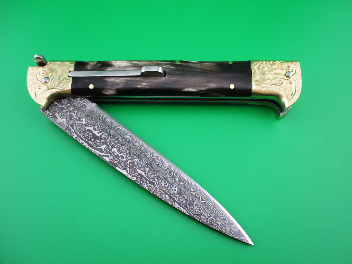 Custom 29cm Custom Damascus Bird Head Backspring release automatic knife by Samir Ahmad