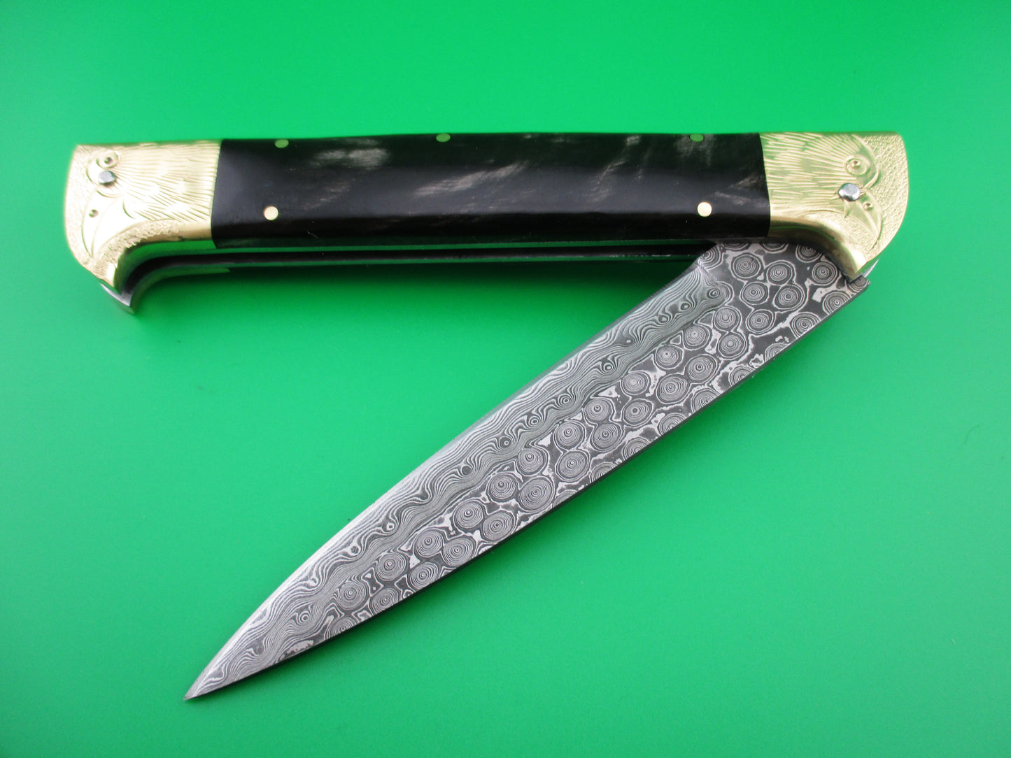 Custom 29cm Custom Damascus Bird Head Backspring release automatic knife by Samir Ahmad