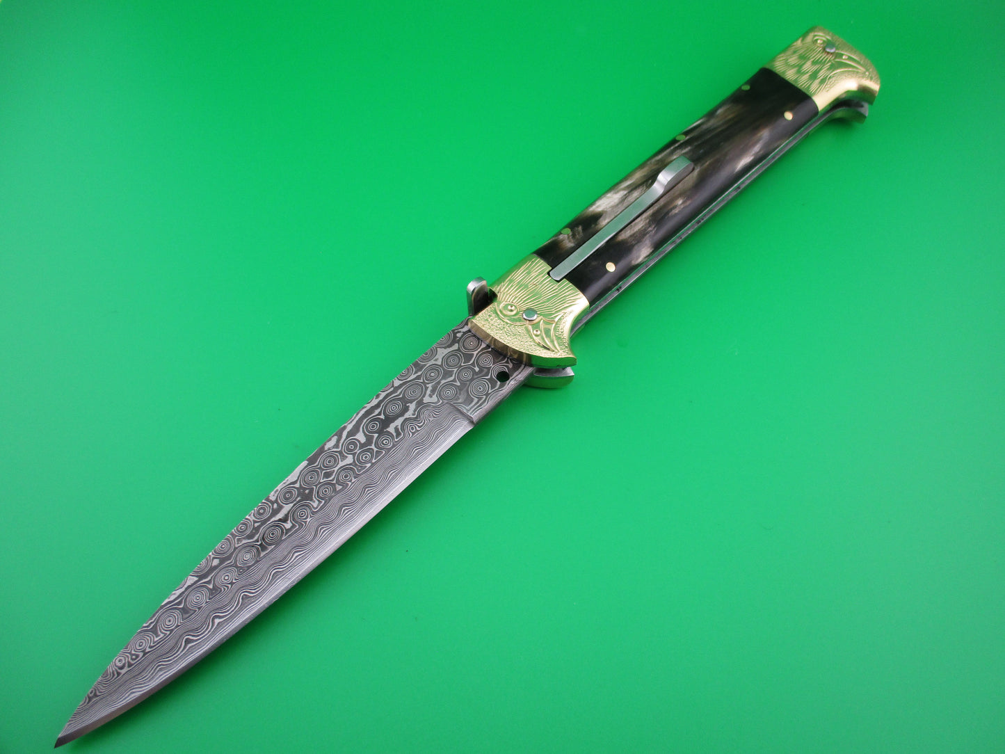 Custom 29cm Custom Damascus Bird Head Backspring release automatic knife by Samir Ahmad