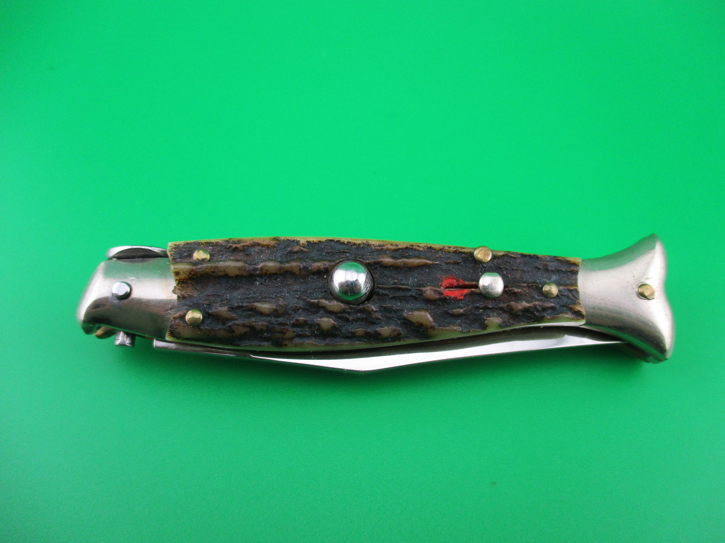 ITALY 16cm Italian Fishtail Picklock Stag Red Dot automatic knife