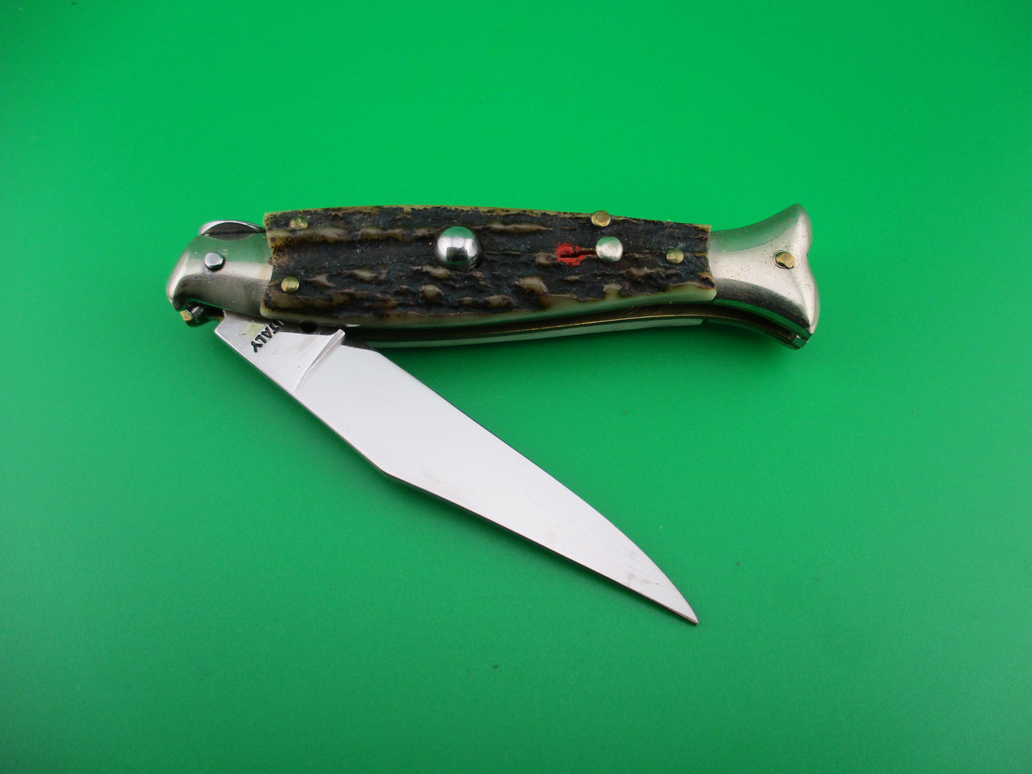 ITALY 16cm Italian Fishtail Picklock Stag Red Dot automatic knife