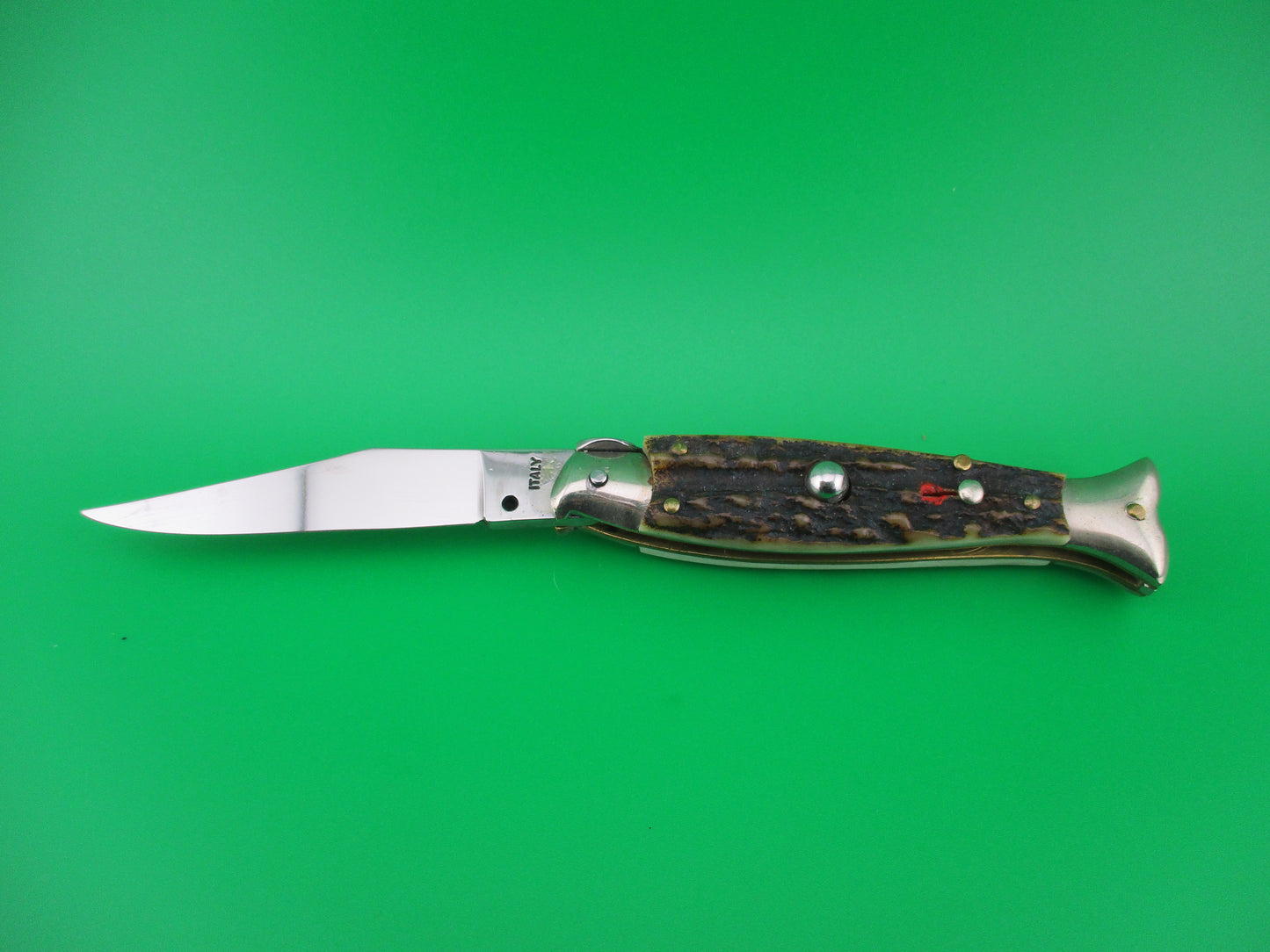 ITALY 16cm Italian Fishtail Picklock Stag Red Dot automatic knife