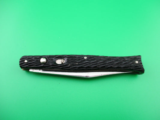 Schrade Cut Co Fishtail Black Stagged Super Nice 1940s vintage switchblade knife.
