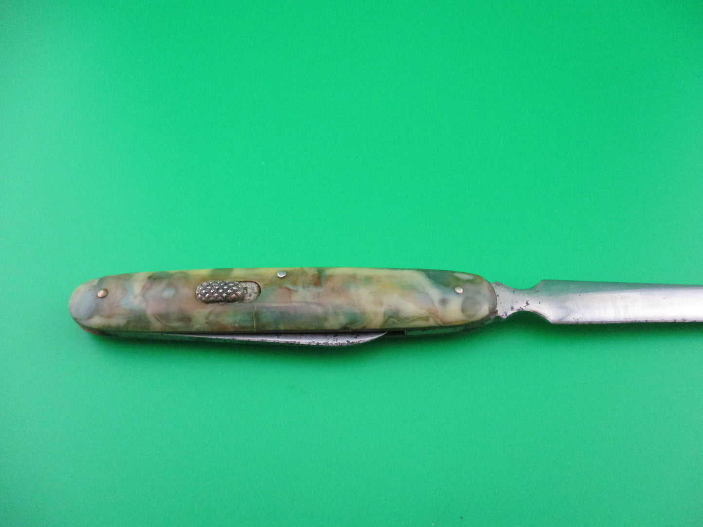 Flylock Knife Co Letter Opener Green Cream mottled American Jacket automatic knife