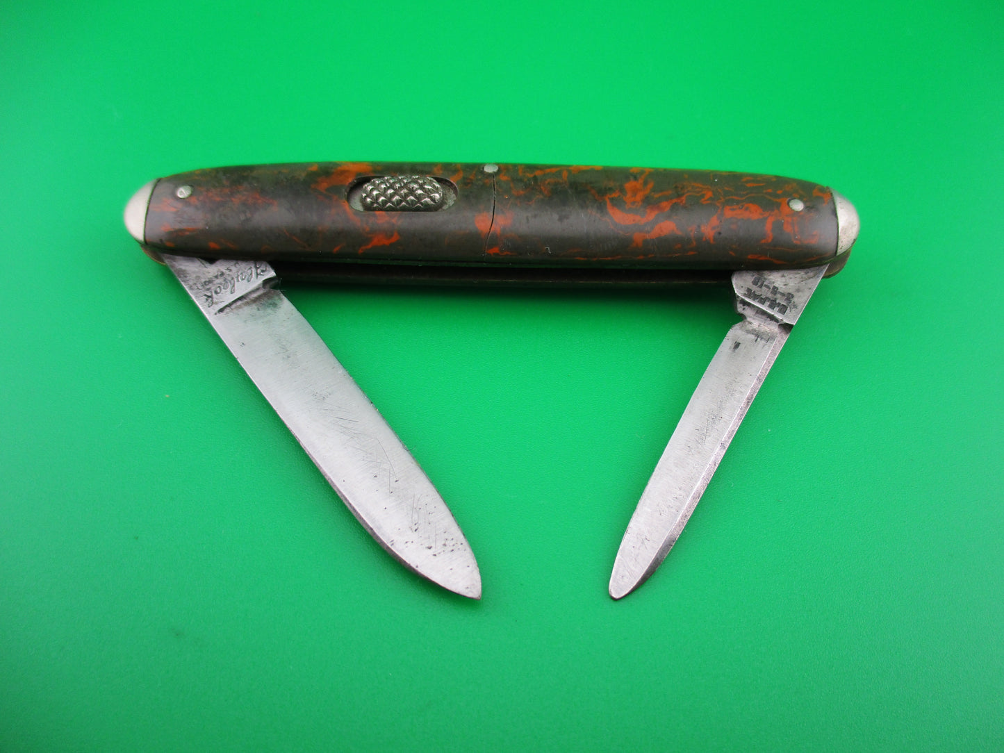 Flylock Double Olive Orange celluloid vintage automatic knife