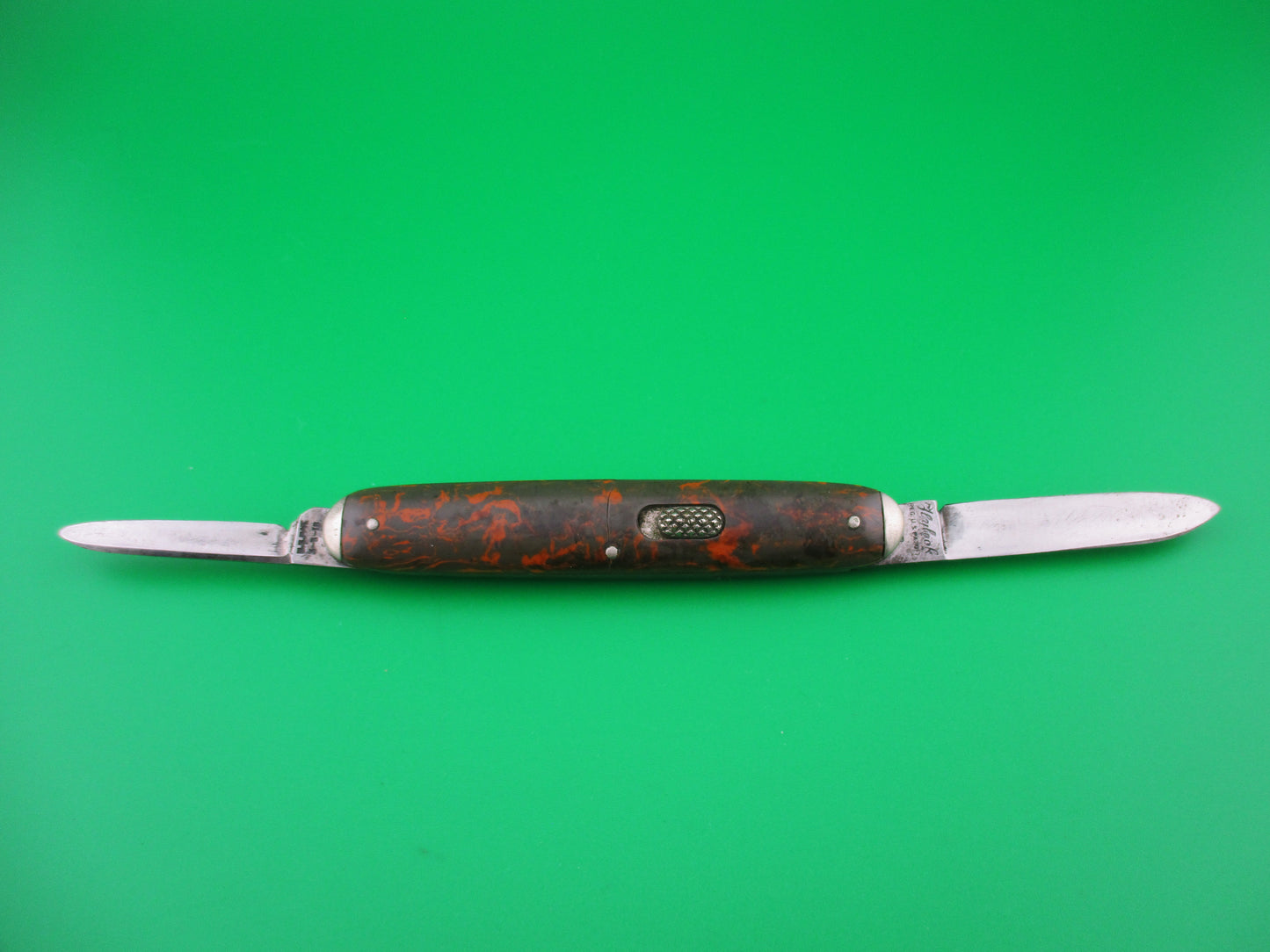 Flylock Double Olive Orange celluloid vintage automatic knife