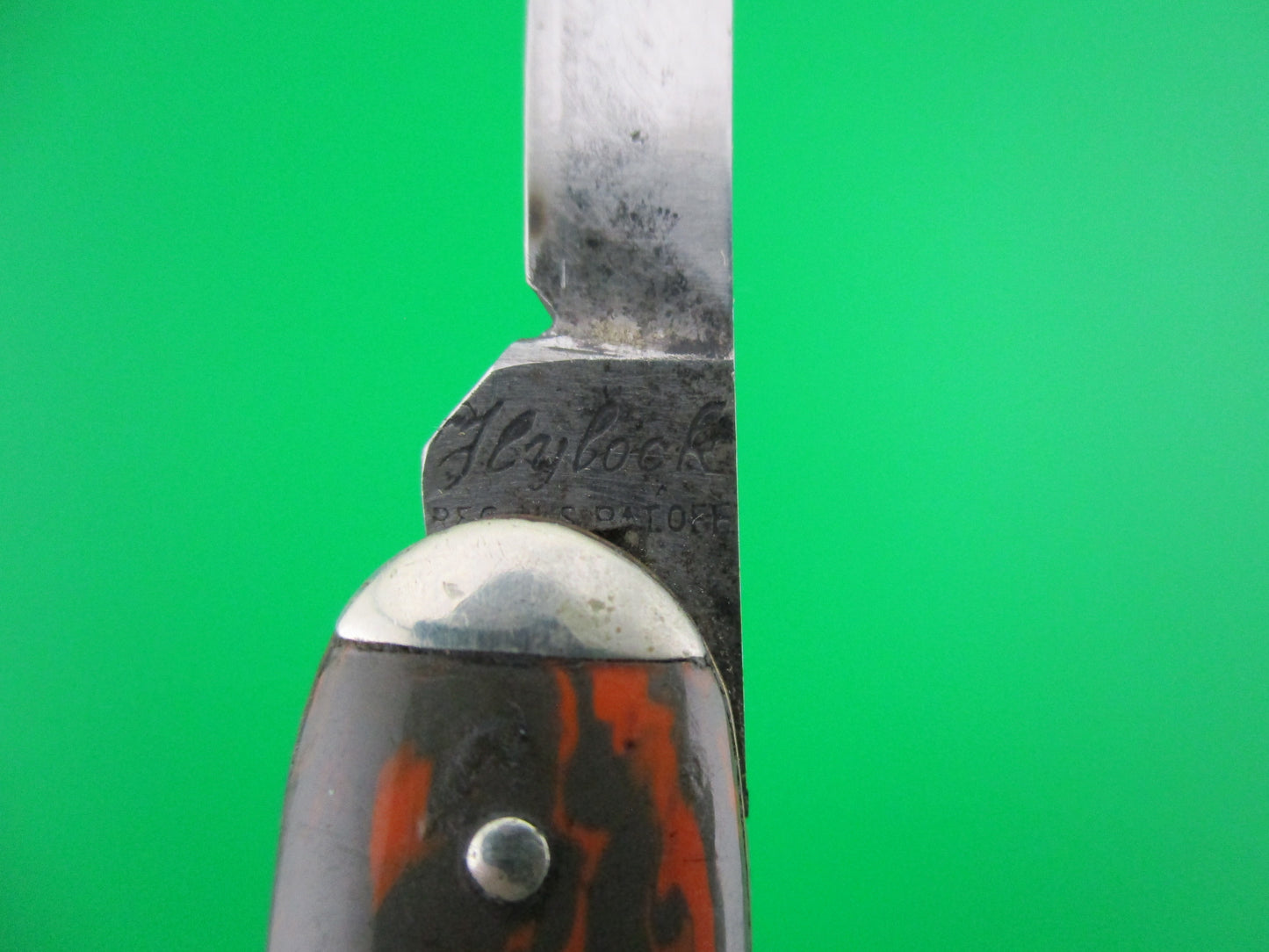 Flylock Double Olive Orange celluloid vintage automatic knife