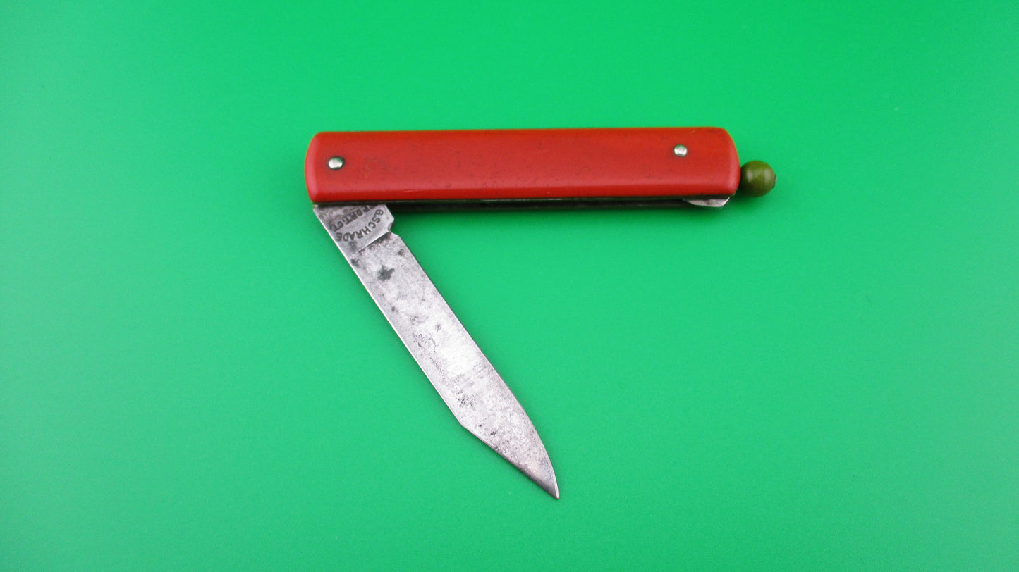 G SCHRADE (arched) Pullball Red scales Green ball vintage automatic knife