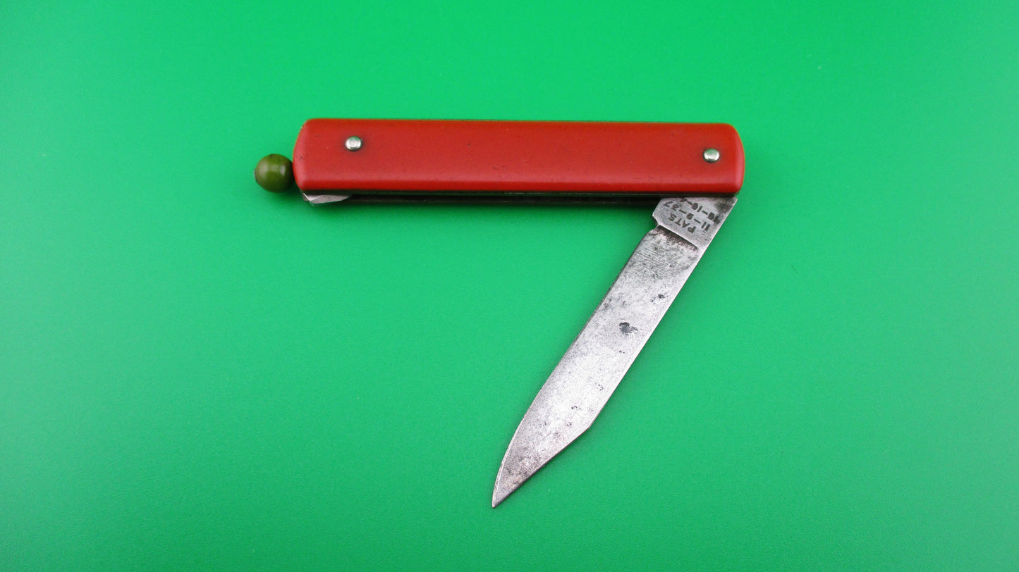 G SCHRADE (arched) Pullball Red scales Green ball vintage automatic knife