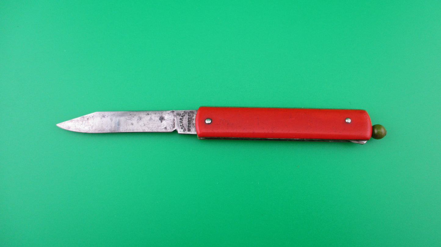 G SCHRADE (arched) Pullball Red scales Green ball vintage automatic knife