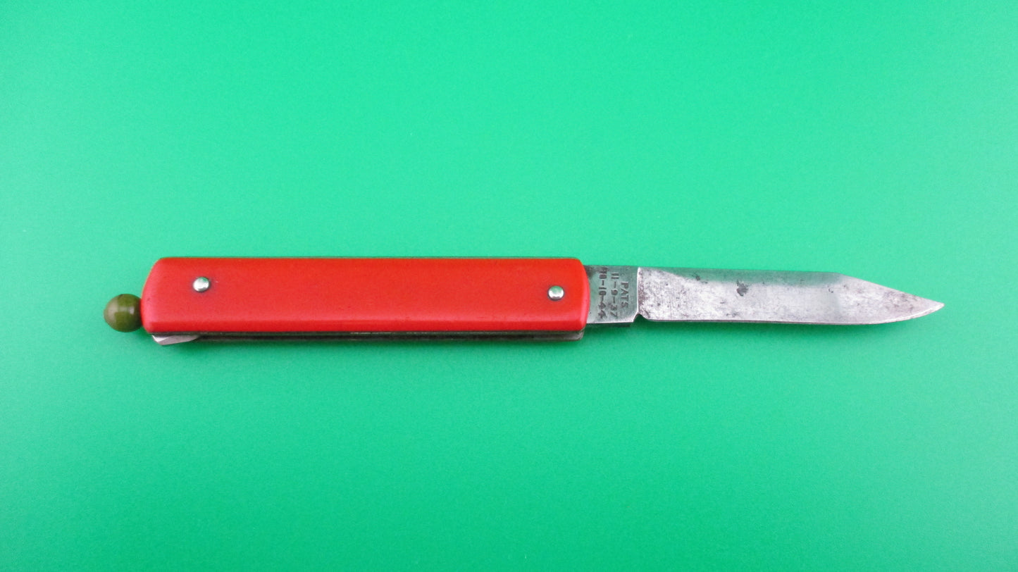 G SCHRADE (arched) Pullball Red scales Green ball vintage automatic knife