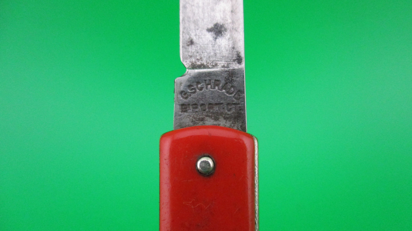 G SCHRADE (arched) Pullball Red scales Green ball vintage automatic knife