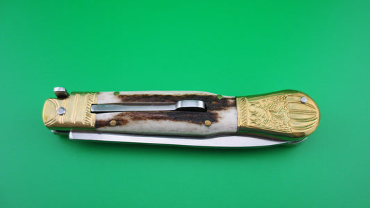 Custom English style 25cm Stag & Brass Automatic knife by Samir Ahmad