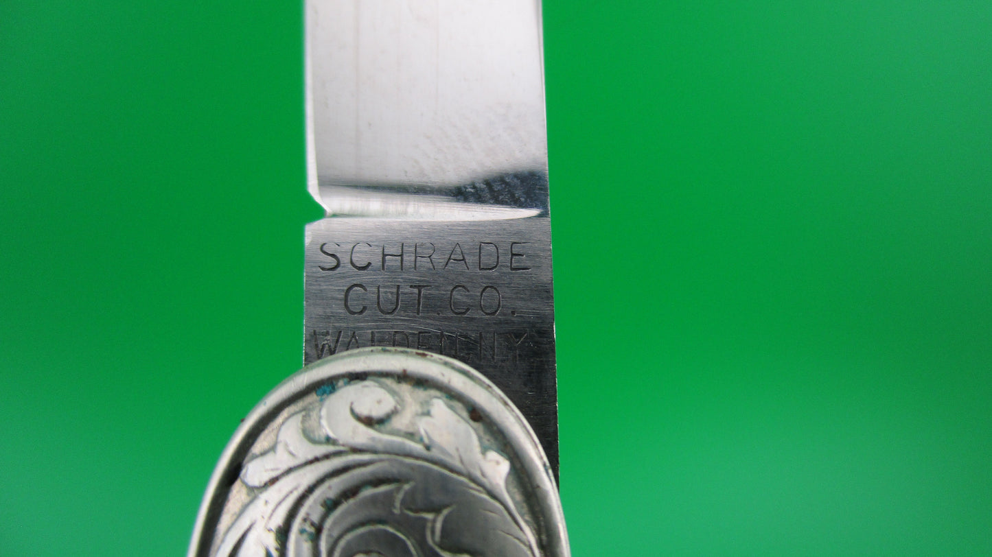 SCHRADE CUT CO Medium double German Silver Deluxe Scroll switchblade knife Minty