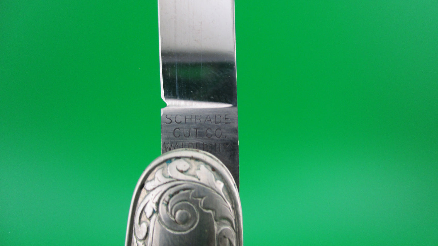 SCHRADE CUT CO Medium double German Silver Deluxe Scroll switchblade knife Minty