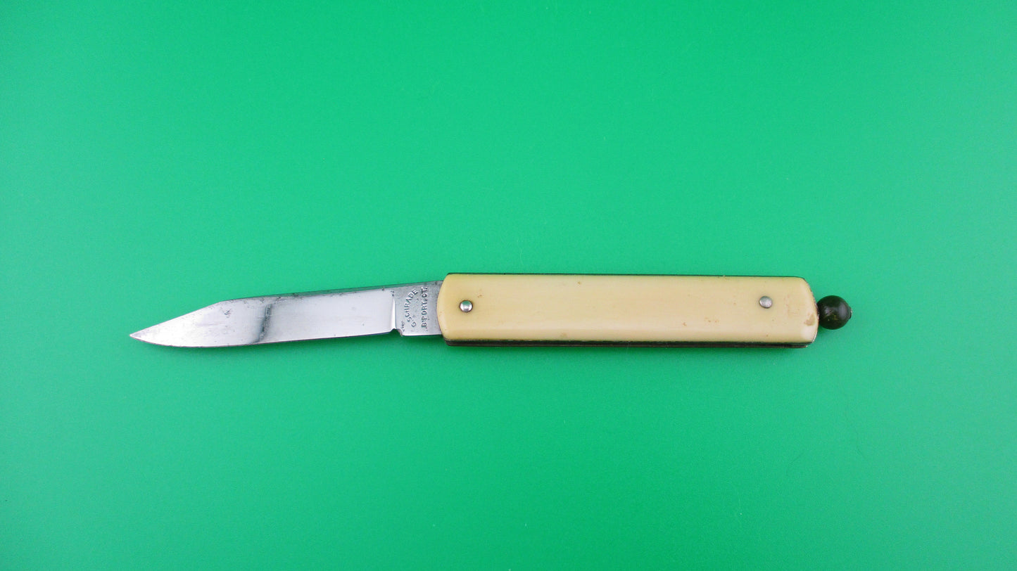 G SCHRADE arched Pullball Cream scales Green ball vintage automatic knife