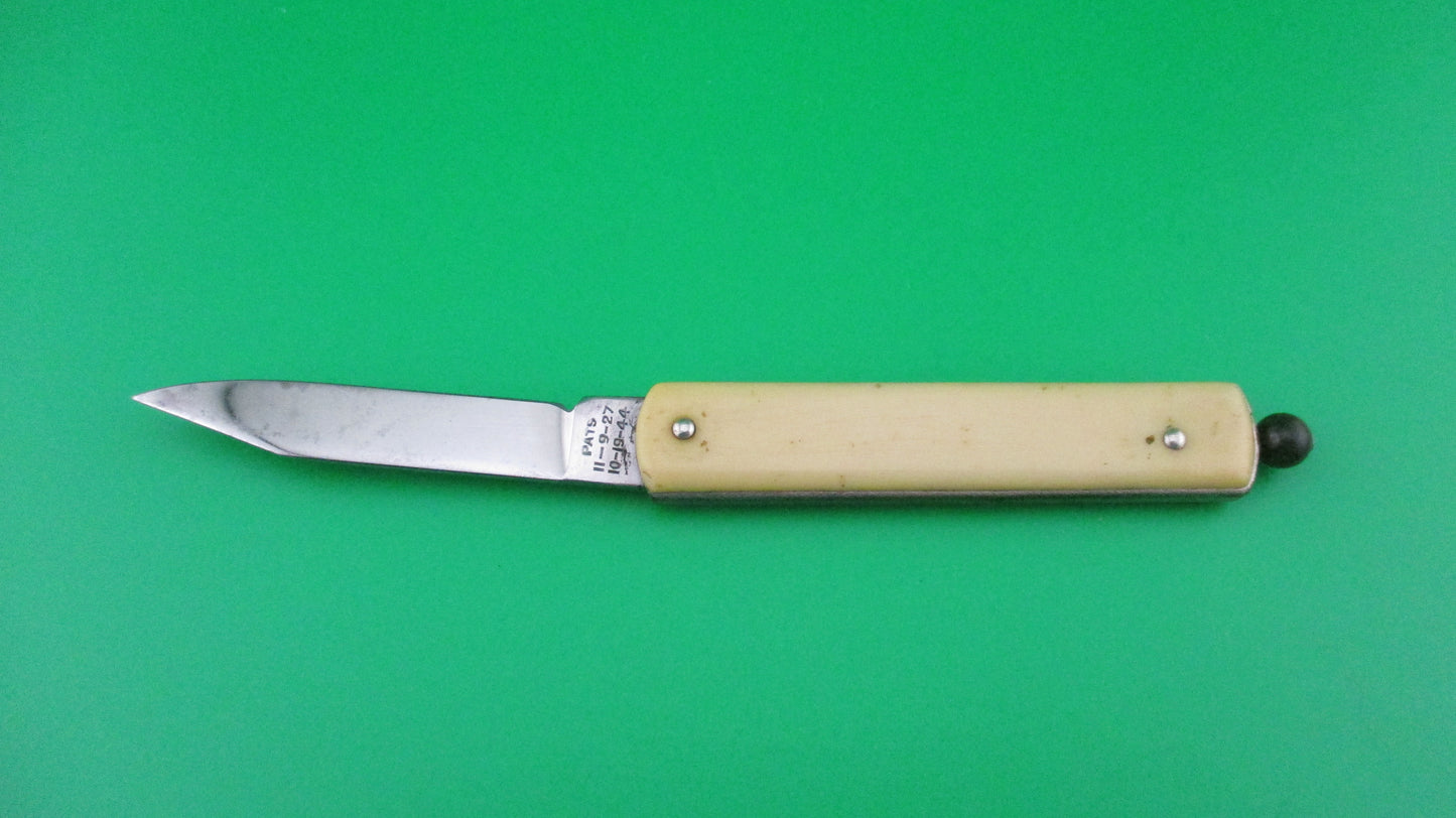 G SCHRADE arched Pullball Cream scales Green ball vintage automatic knife