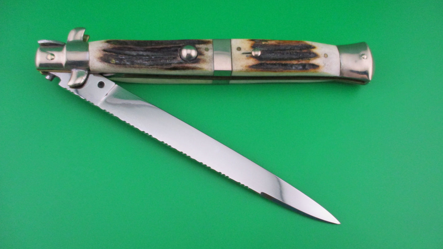 M ITALY INOX 33cm Italian Transitional Customized Stag & File work switchblade knife