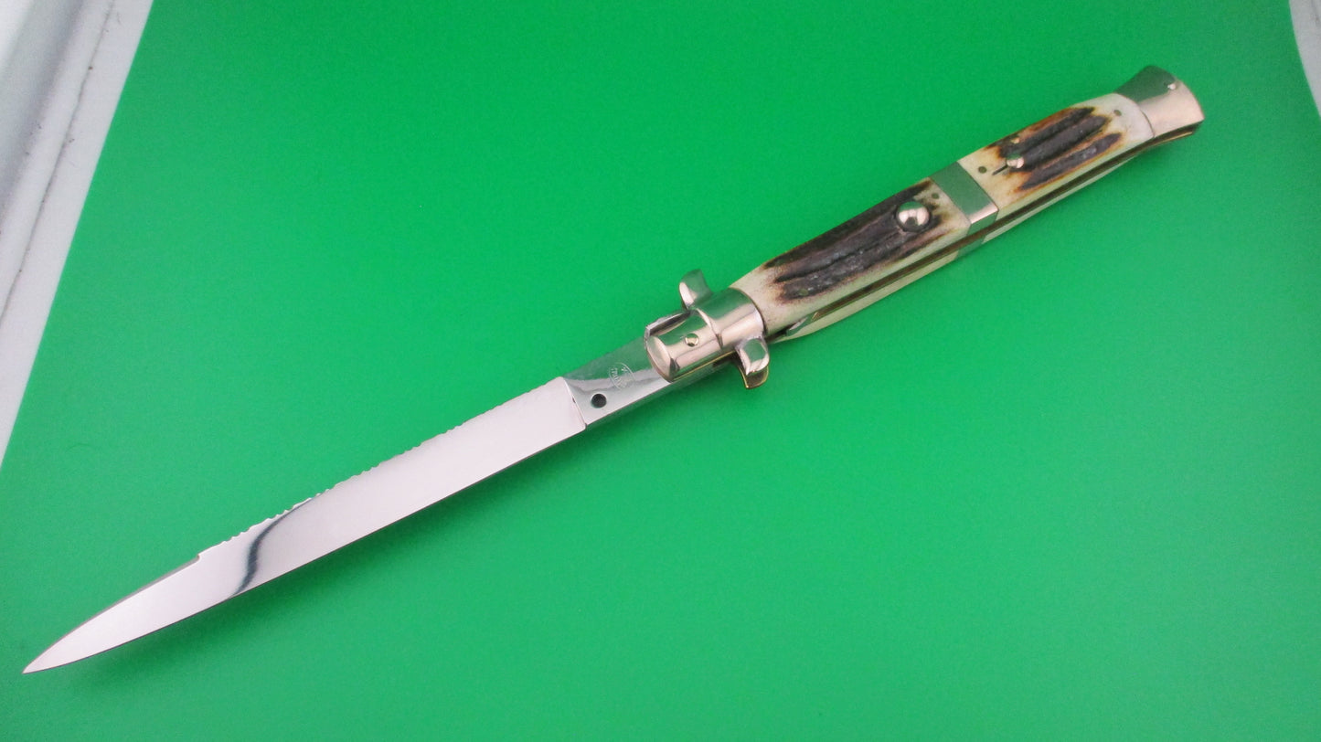 M ITALY INOX 33cm Italian Transitional Customized Stag & File work switchblade knife