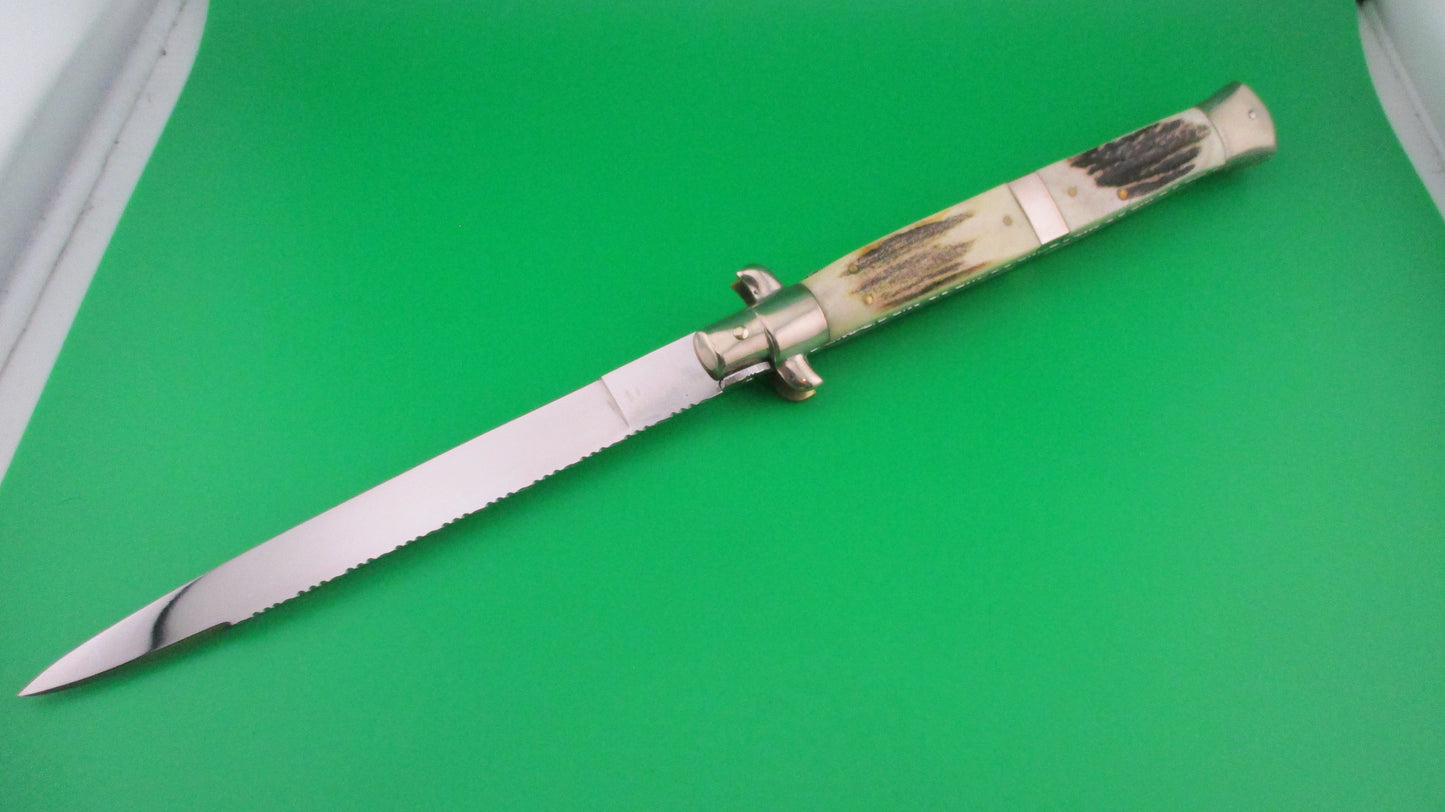 M ITALY INOX 33cm Italian Transitional Customized Stag & File work switchblade knife