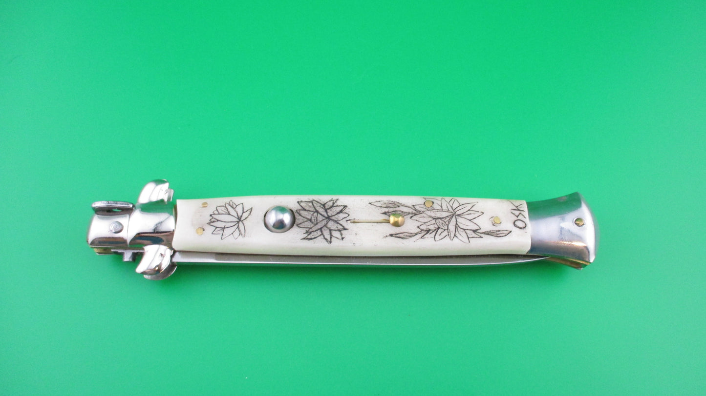 J INOX 28cm Italian Swivel bolster Scrimshaw Koi Fish automatic knife OSK MULAS