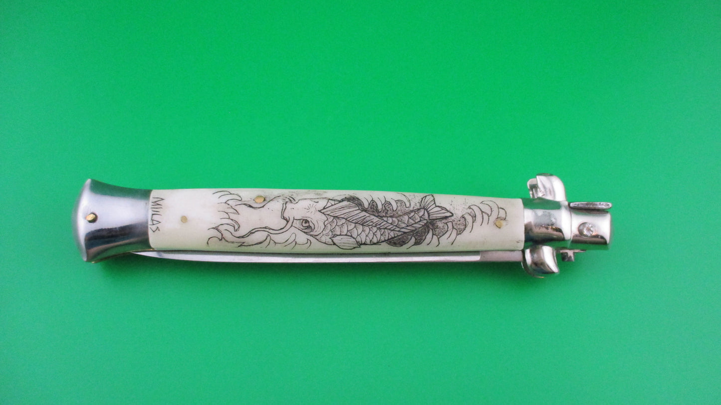 J INOX 28cm Italian Swivel bolster Scrimshaw Koi Fish automatic knife OSK MULAS