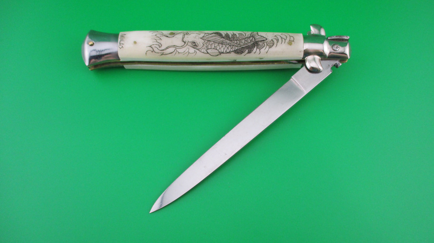 J INOX 28cm Italian Swivel bolster Scrimshaw Koi Fish automatic knife OSK MULAS