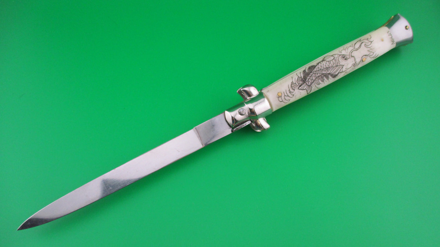 J INOX 28cm Italian Swivel bolster Scrimshaw Koi Fish automatic knife OSK MULAS