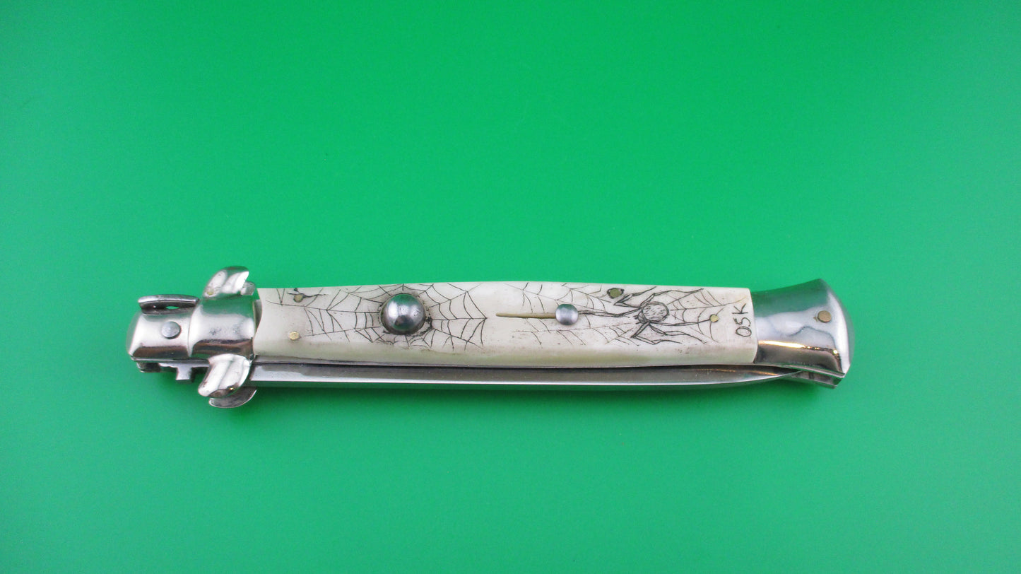 J INOX 28cm Italian Swivel bolster Scrimshaw Spiders & webs automatic knife OSK MULAS