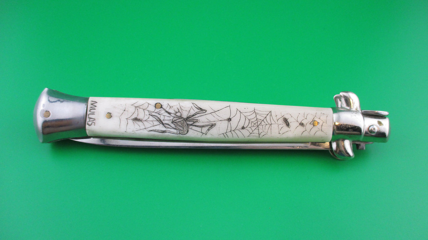 J INOX 28cm Italian Swivel bolster Scrimshaw Spiders & webs automatic knife OSK MULAS