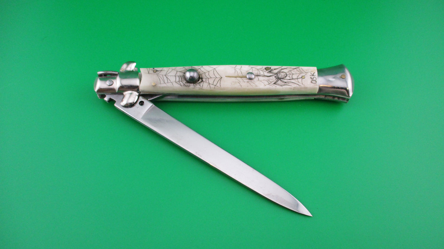 J INOX 28cm Italian Swivel bolster Scrimshaw Spiders & webs automatic knife OSK MULAS